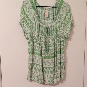 Vintage Faded Glory Green and White Patterned Blouse, Size 2X